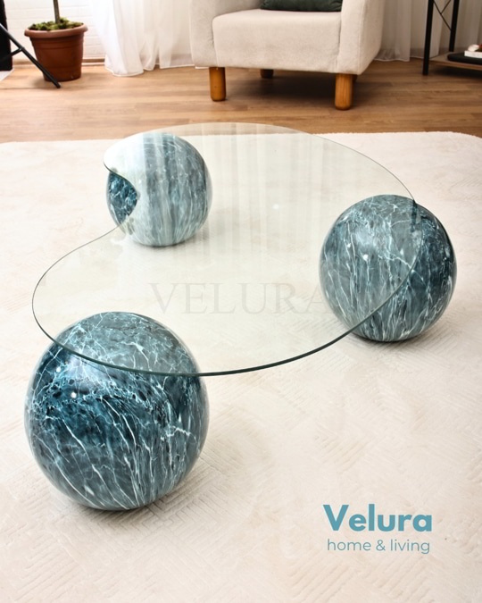 Küre Orta Sehpa - Ocean - Fasulye - Şeffaf Cam