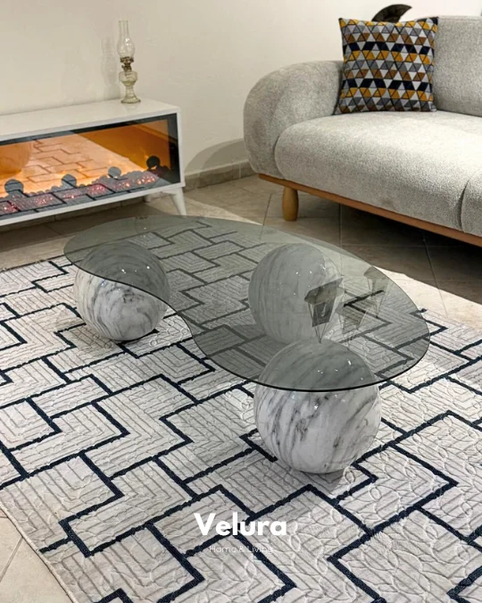 Küre Orta Sehpa - Beyaz Traverten Mermer - Fasulye - Füme Cam