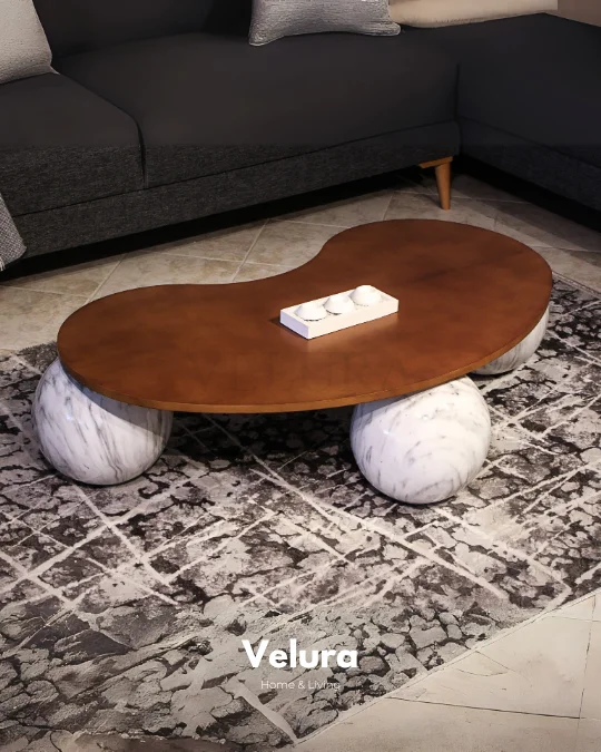 Küre Orta Sehpa - Beyaz Traverten Mermer - Fasulye - Ceviz Mdf