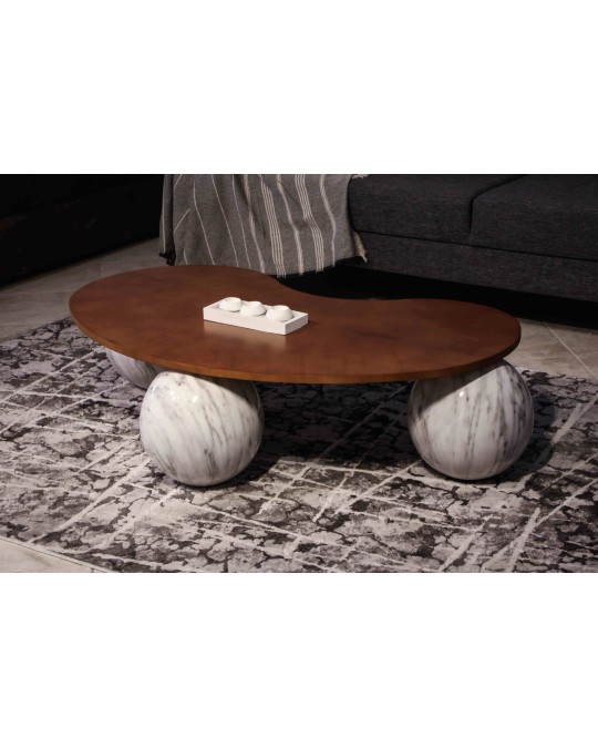 Küre Orta Sehpa - Pleksi Traverten - Fasulye - Ceviz Mdf