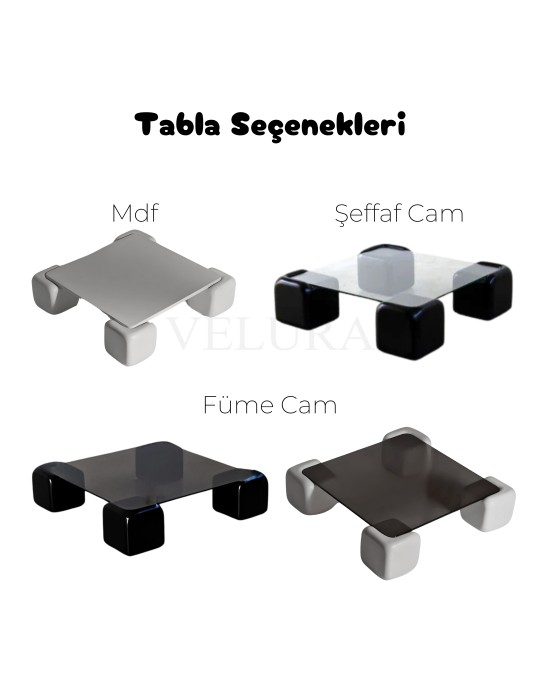 Küre Orta Sehpa – Cam ve MDF tabla seçenekli modern orta sehpa modeli Küre Orta Sehpa – Cam ve MDF tablalı, kaplama ve düz renk alternatifli üç ayaklı sehpa