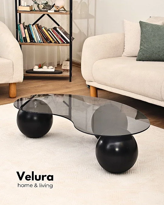 Küre Orta Sehpa - Siyah Top - Fasulye - Füme Cam 