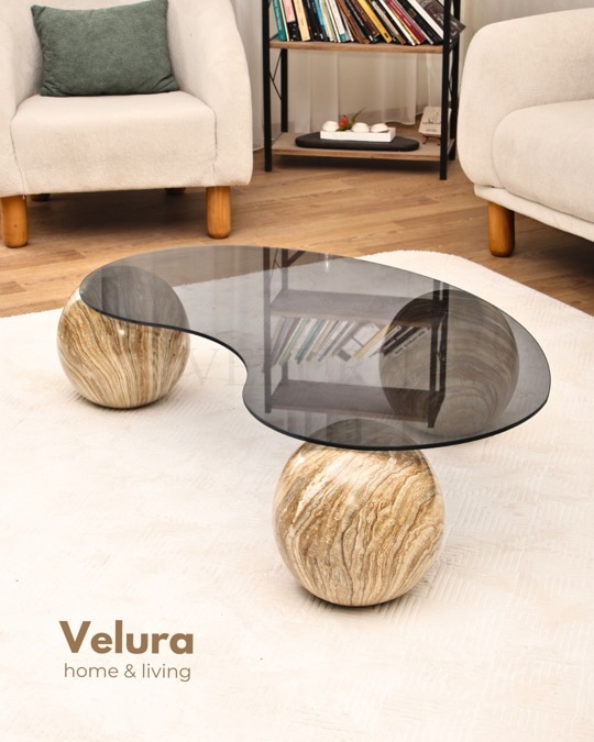 Küre Orta Sehpa - Traverten Mermer Top - Fasulye - Füme Cam 