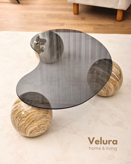 Küre Orta Sehpa - Traverten Mermer Top - Fasulye - Füme Cam 