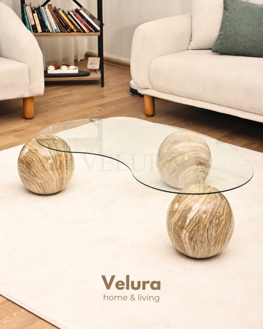 Küre Orta Sehpa - Traverten Mermer Top - Fasulye - Şeffaf Cam