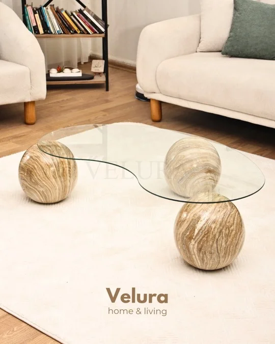 Küre Orta Sehpa - Traverten Mermer Top - Fasulye - Şeffaf Cam