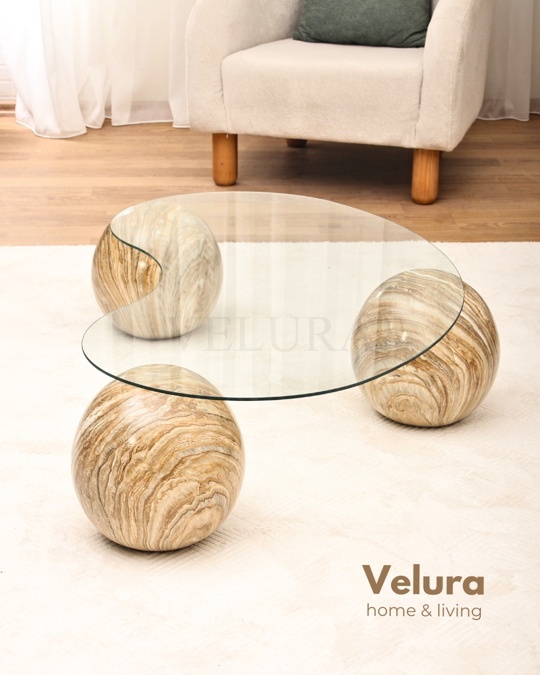 Küre Orta Sehpa - Traverten Mermer Top - Fasulye - Şeffaf Cam