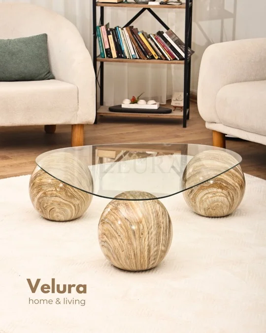 Küre Orta Sehpa - Traverten Mermer Top - Üçgen - Şeffaf Cam