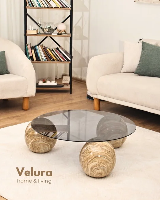 Küre Orta Sehpa - Traverten Mermer Top - Yuvarlak - Füme Cam