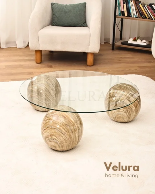 Küre Orta Sehpa - Traverten Mermer Top -  Yuvarlak - Şeffaf Cam