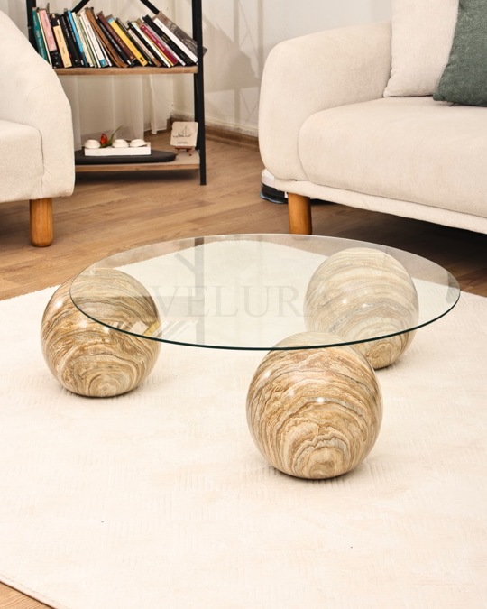 Küre Orta Sehpa - Traverten Mermer Top -  Yuvarlak - Şeffaf Cam