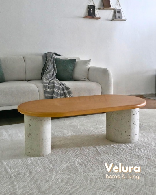 Zag Orta Sehpa - Meşe Tabla & Taş Desen Ayak