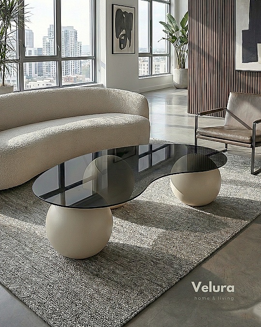 Küre Orta Sehpa - Krem Top - Fasulye - Füme Cam