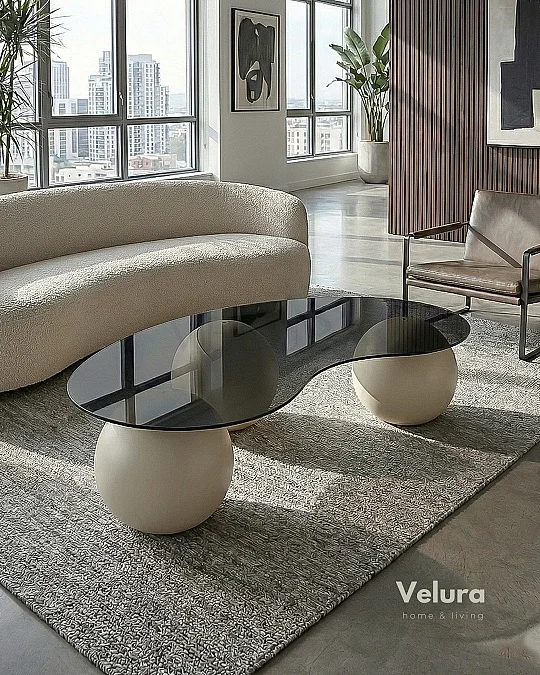 Küre Orta Sehpa - Krem Top - Fasulye - Füme Cam