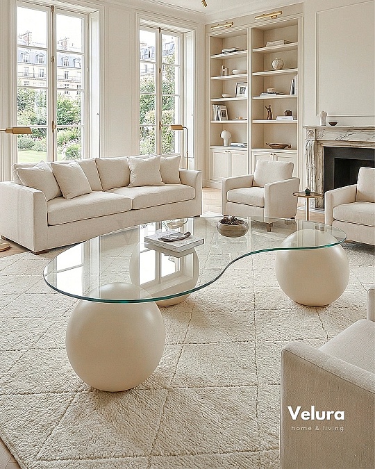 Küre Orta Sehpa - Krem Top - Fasulye - Şeffaf Cam