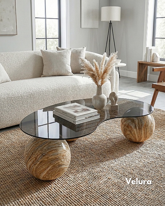 Küre Orta Sehpa - Traverten Mermer Top - Fasulye - Füme Cam