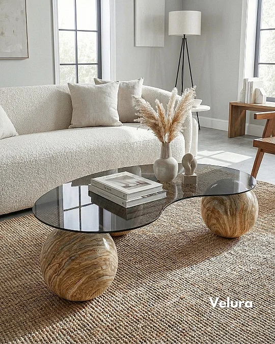 Küre Orta Sehpa - Traverten Mermer Top - Fasulye - Füme Cam