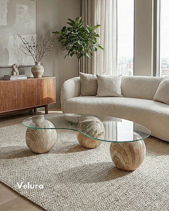 Küre Orta Sehpa - Traverten Mermer Top - Fasulye - Şeffaf Cam