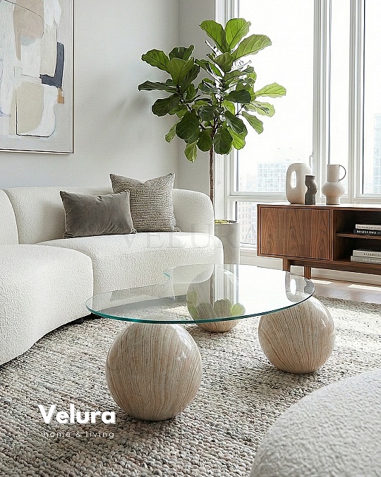 Küre Orta Sehpa - Natural - Fasulye - Şeffaf Cam