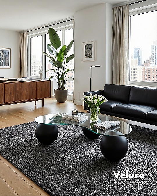 Küre Orta Sehpa - Siyah Top - Fasulye - Şeffaf Cam