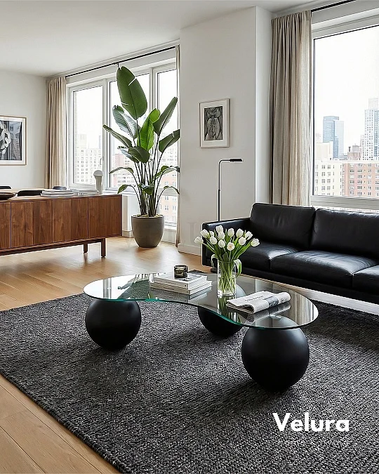 Küre Orta Sehpa - Siyah Top - Fasulye - Şeffaf Cam