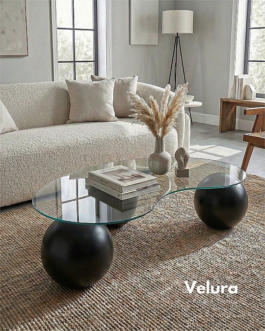 Küre Orta Sehpa - Siyah Top - Fasulye - Şeffaf Cam