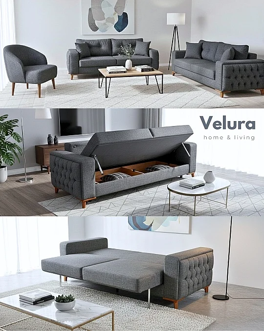 Nola Yataklı Bazalı Gri Koltuk Takımı