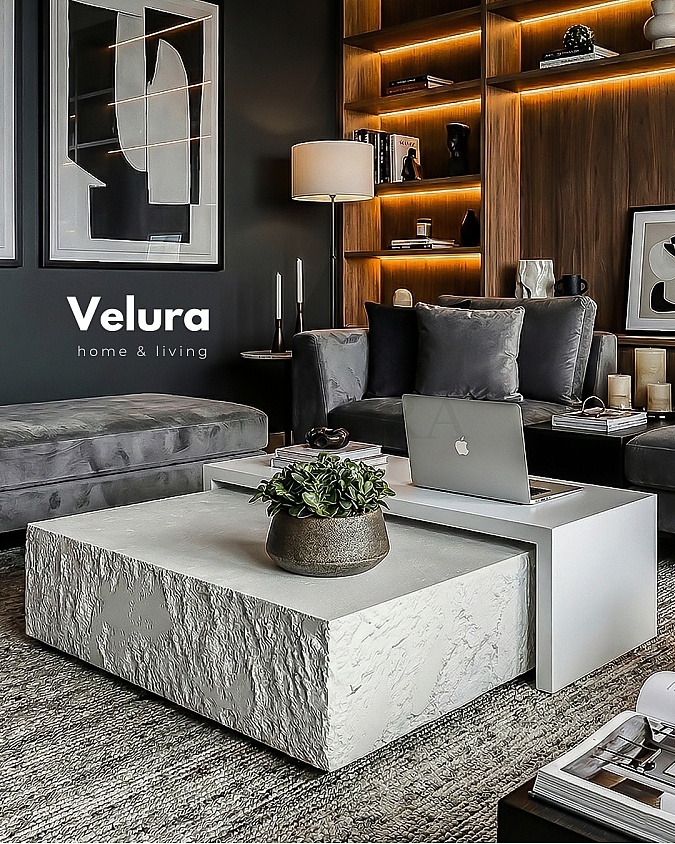 Nora orta sehpa taş ve MDF beyaz ahşap gövde 80x80