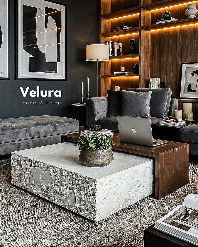 Nora Orta Sehpa beyaz taş ceviz 80x80x30 taş mdf