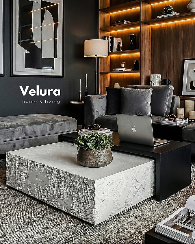 Nora orta sehpa taş ve MDF siyah ahşap gövde 80x80x30