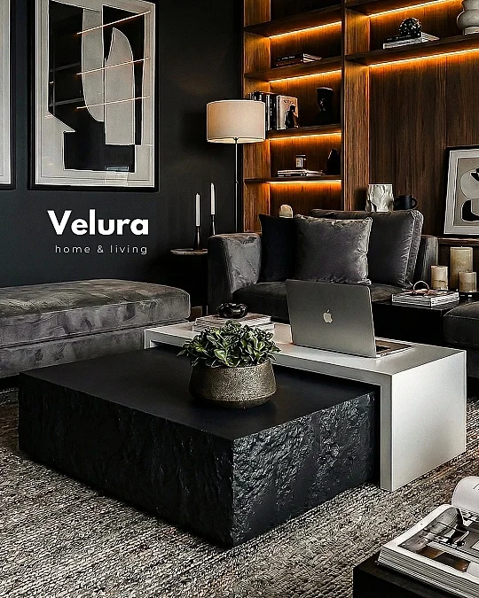 Nora Orta Sehpa - Siyah Taş & Beyaz Ahşap