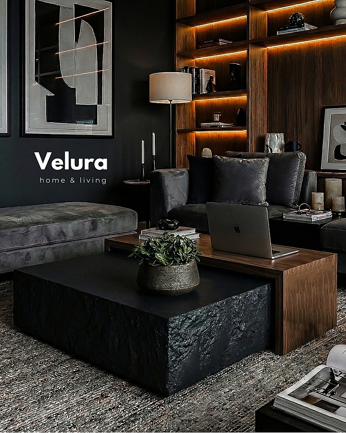 Siyah taş yüzeyli ceviz gövdeli Nora orta sehpa 80x80