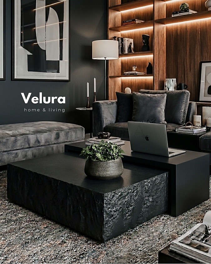 Siyah taş yüzeyli siyah gövdeli Nora orta sehpa 80x80