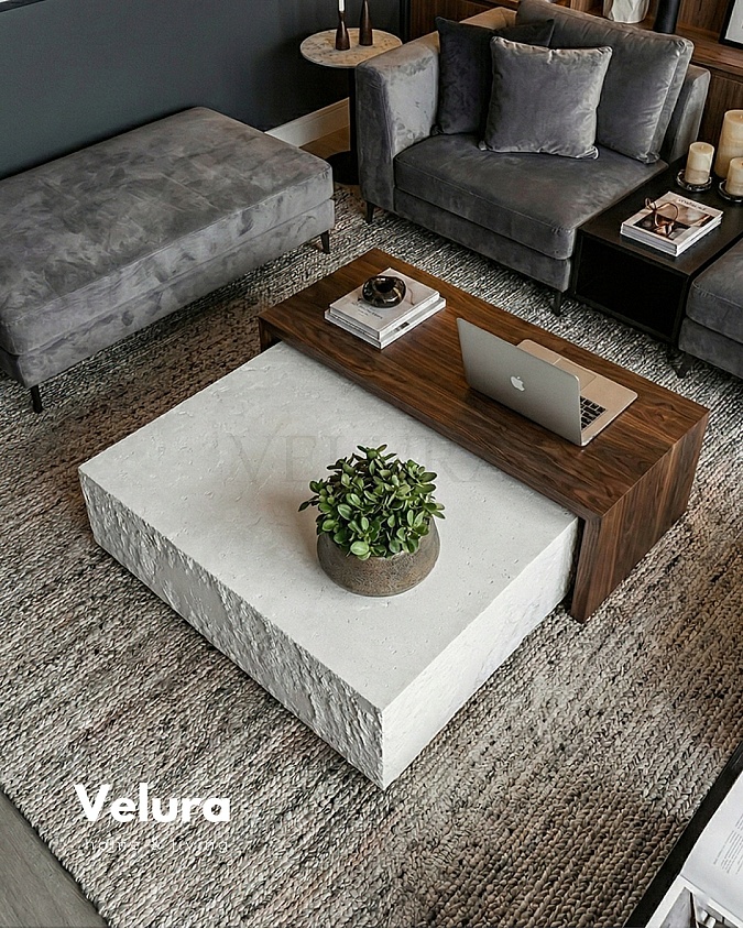 Nora orta sehpa taş ve MDF beyaz ahşap gövde 80x80