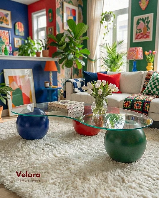 Küre Orta Sehpa - 1 Yeşil Top & 1 Kırmızı Top & 1 Mavi Top - Fasulye - Şeffaf Cam