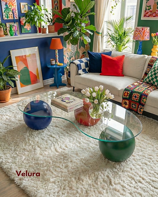 Küre Orta Sehpa - 1 Yeşil Top & 1 Kırmızı Top & 1 Mavi Top - Fasulye - Şeffaf Cam