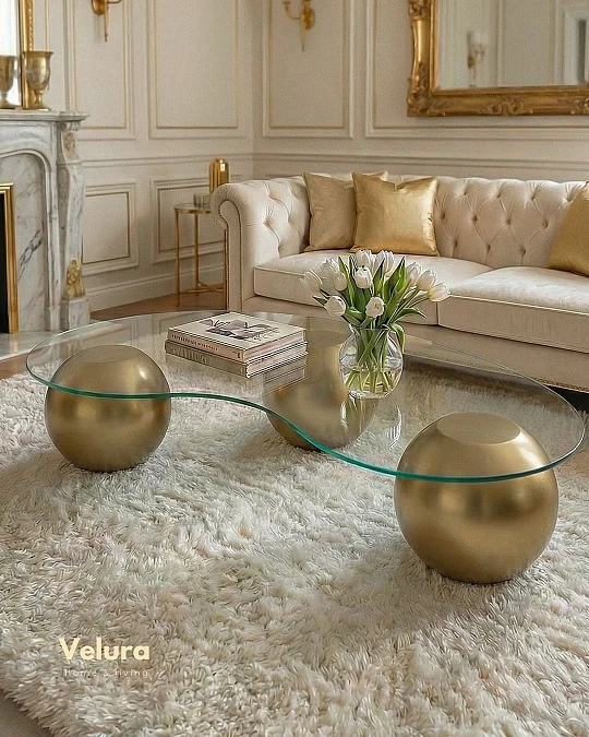 Küre Orta Sehpa - Gold - Fasulye - Şeffaf Cam