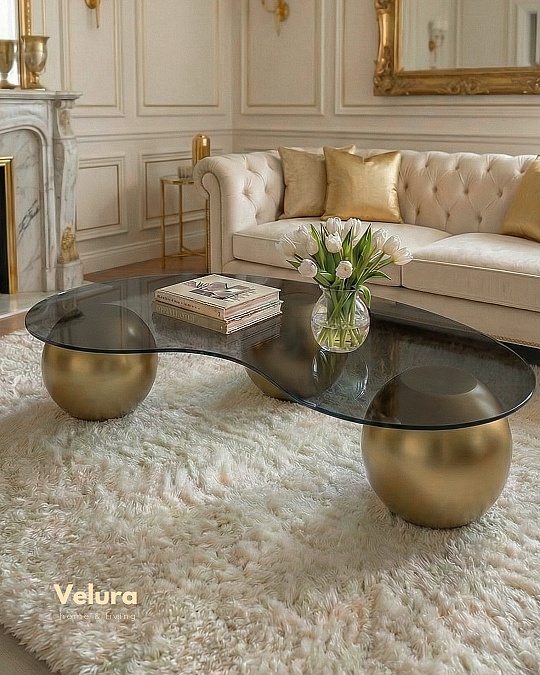 Küre Orta Sehpa - Gold - Fasulye - Füme Cam