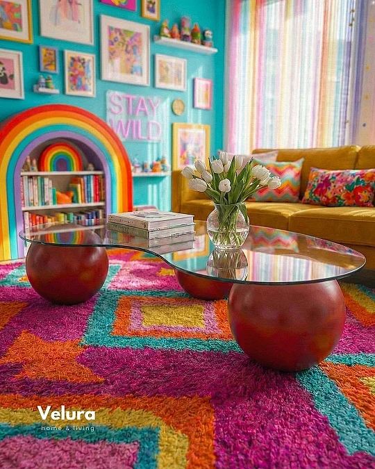 Küre Orta Sehpa - Kırmızı - Fasulye - Şeffaf Cam