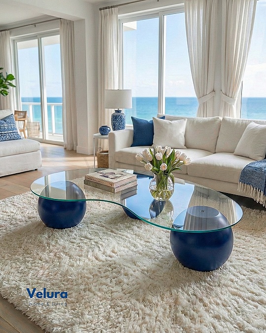 Küre Orta Sehpa - Mavi - Fasulye - Füme Cam