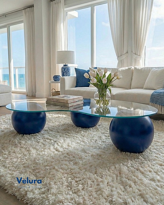 Küre Orta Sehpa - Mavi - Fasulye - Şeffaf Cam