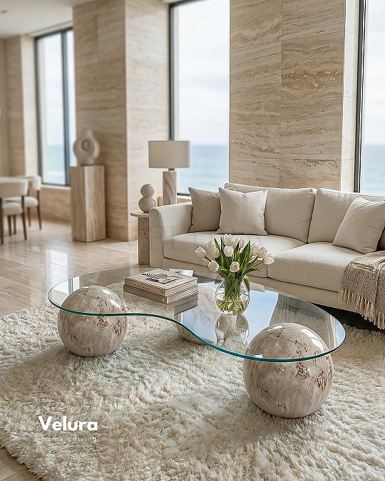 Küre Orta Sehpa - Pleks Mermer - Fasulye - Füme Cam