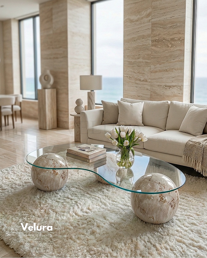 Küre Orta Sehpa Pleks Mermer Fasulye Şeffaf Cam Modern Tasarım