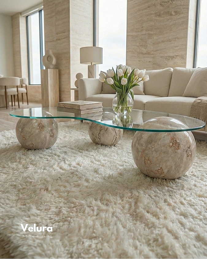 Küre Orta Sehpa Pleks Mermer Fasulye Şeffaf Cam Modern Tasarım