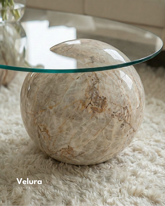 Küre Orta Sehpa Pleks Mermer Fasulye Şeffaf Cam Modern Tasarım