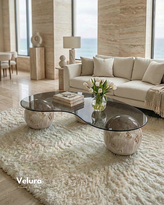 Küre Orta Sehpa - Pleks Mermer - Fasulye - Füme Cam