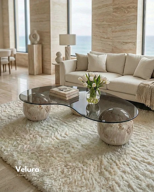 Küre Orta Sehpa - Pleks Mermer - Fasulye - Füme Cam