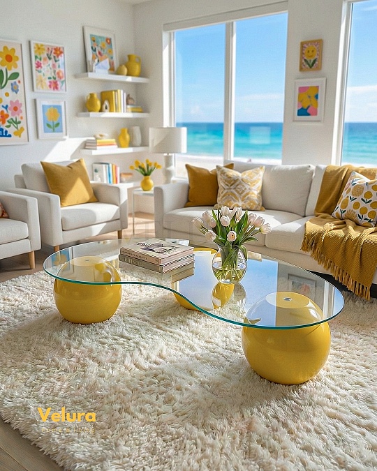 Küre Orta Sehpa - Sarı - Fasulye - Şeffaf Cam