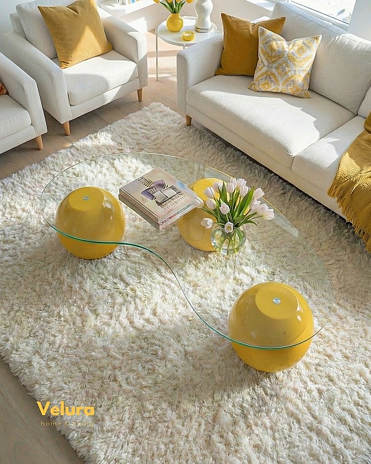 Küre Orta Sehpa - Sarı - Fasulye - Şeffaf Cam