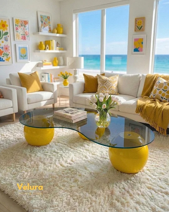 Küre Orta Sehpa - Sarı- Fasulye - Füme Cam